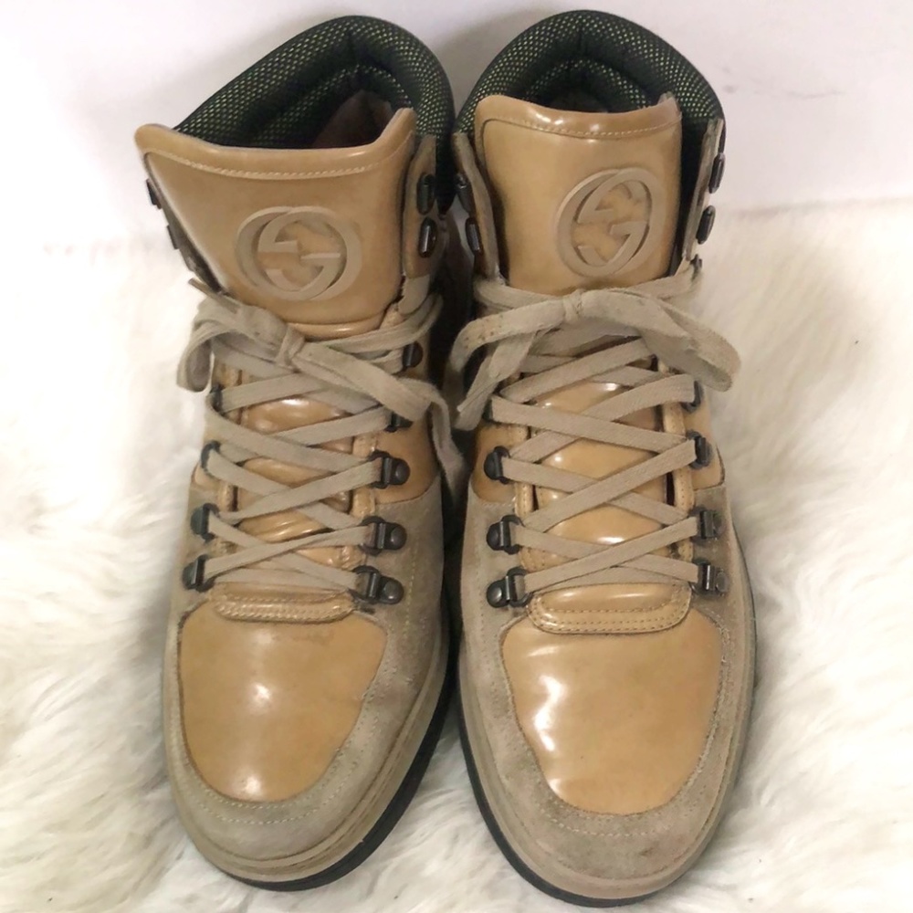 Gucci Authentic Mens Beige Leather Round Toe High Top Lace Up Sneaker Shoes Sz 9 - Picture 5 of 11